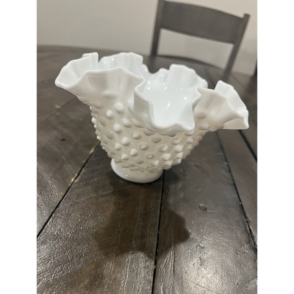 Fenton Other - Vtg White Milk Glass Hobnail Ruffled Crimped Edge Bowl Fenton 4"